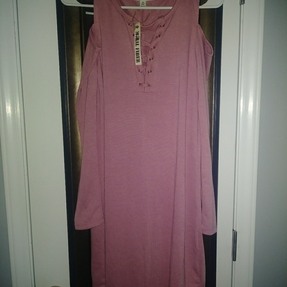 Pink lace front cold shoulder dress